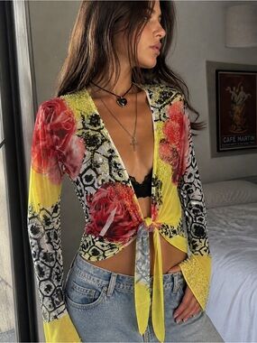 Sheer Beaded Floral Tie Front Top Bell Sleeve Y2K Mesh Blouse